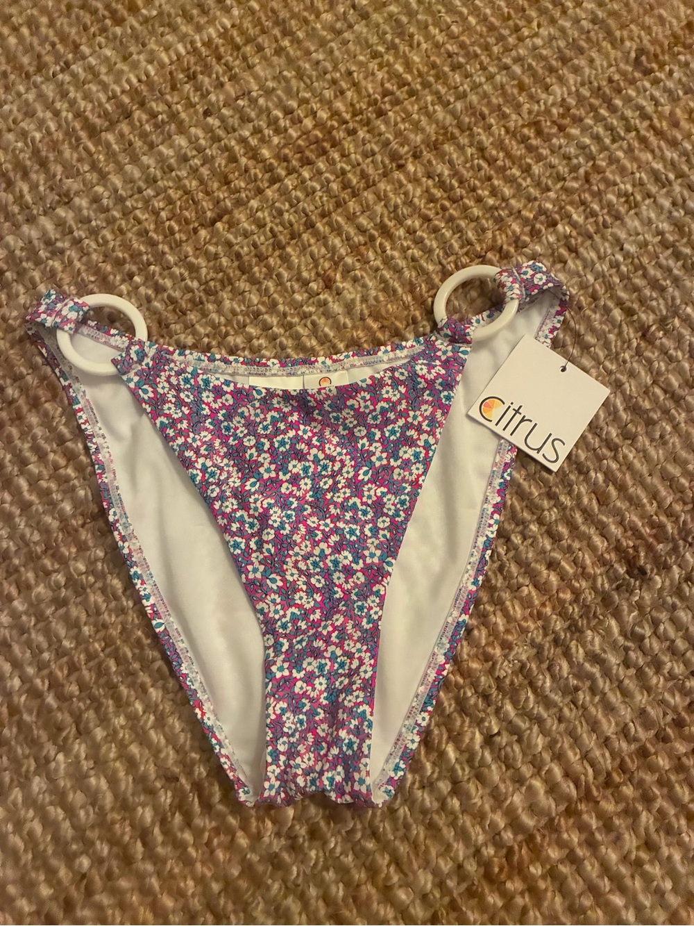Citrus Flora High Cut Ring Bikini Bottoms Pink Blue Floral S NWT